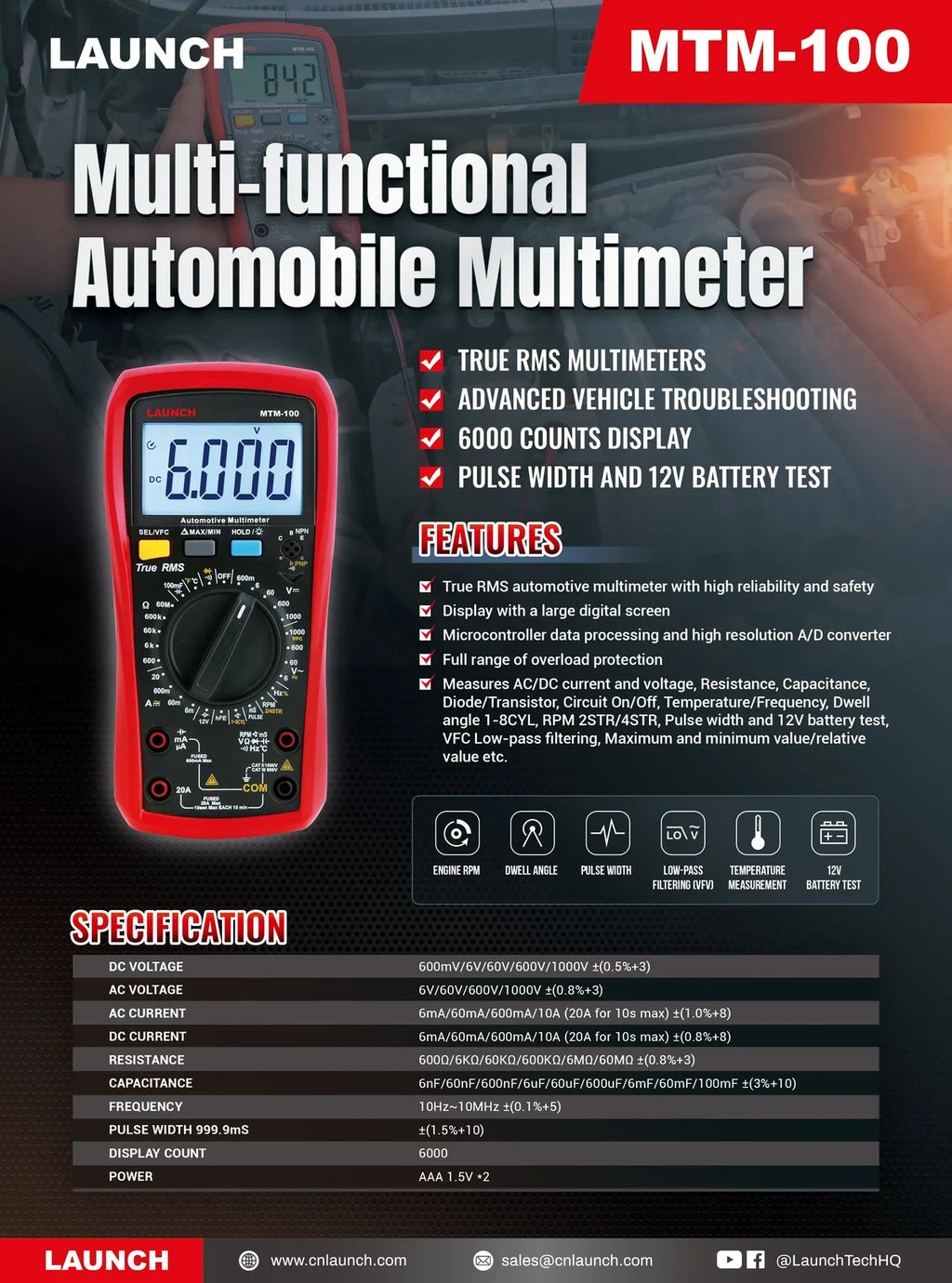 Launch MTM-100 Multi-functional Automobile Multimeter