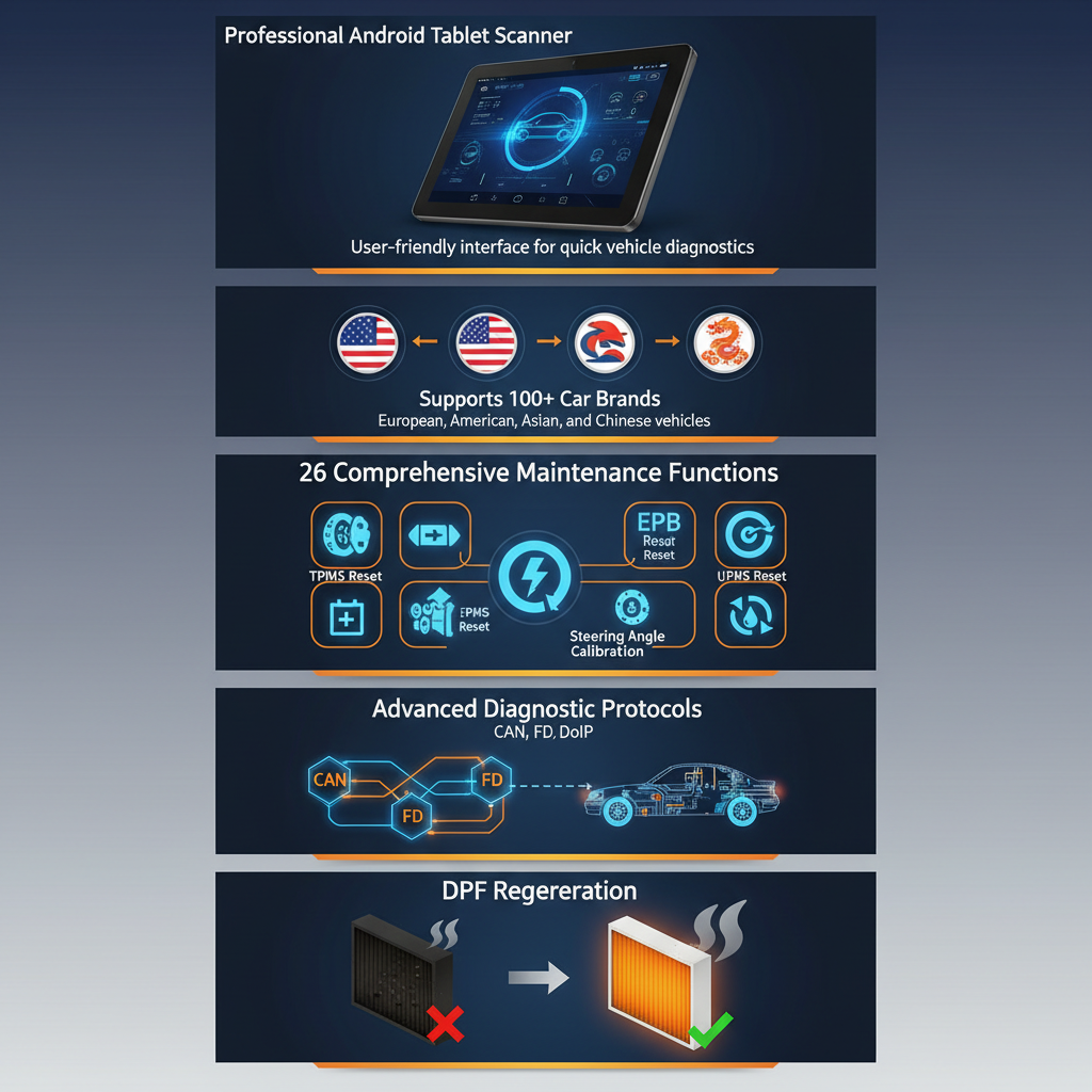 Professional Android Tablet Scanner – User-friendly interface for quick vehicle diagnostics.

Supports 100+ Car Brands – Compatible with European, American, Asian, and Chinese vehicles.

Comprehensive Maintenance Functions – 26 essential services including TPMS, EPB Reset, Steering Angle Calibration, and more.

Advanced Diagnostic Protocols – Works with CAN, FD, DoIP, and other modern vehicle systems.

Diesel Particulate Filter (DPF) Regeneration 
use info and create infographics image 